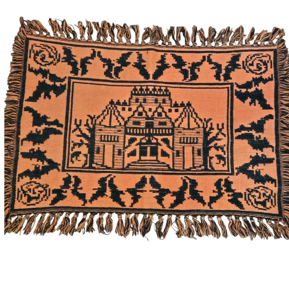 VTG 90s Halloween Tapestry Haunted House Bats 20" X 30" Reversible Black Orange